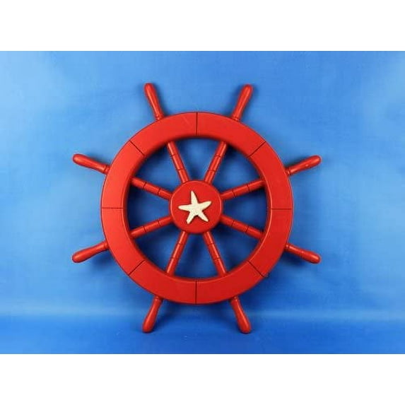 Red Ship Wheel with Starfish 18" - Starfish Decoration - Beach Lifestyle