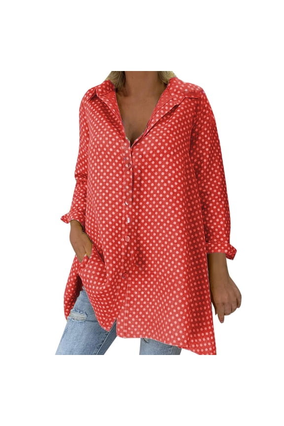 Red Shirts For Women Vintage Long Sleeve Polka Dots Shirt Collar Top Shirt Blouse