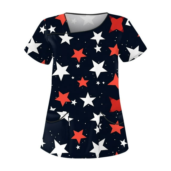 Red Shirts For Women, 4Th Of July Scrub Tops Women Plus Size Skew Collar Short Sleeve Workwear With Double Layer Pockets White And Royal Blue American Flag Top Scrubs Set (S, Dark Blue) ZMTing