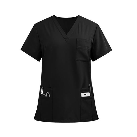 Womens Scrubs, Ladies' Lightweight Solid Color V Neck Multi Double Layer Pockets Side Slit Short Sleeved T Shirt Scrubs Tops Women Designs 4Th Of July Workout Tank (M, Black) ZMTing