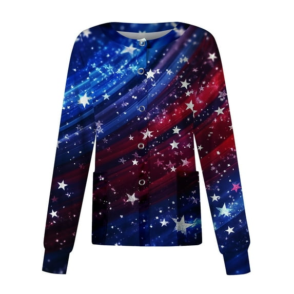 Red Shirts For Women, Scrubs Tops 4Th Of July Round Neck Long Sleeve Workwear With Pockets White And Royal Blue American Flag Lightweight Cardigan Tank Tops Pants Shirt Tops (4XL, Dark Blue) ZMTing