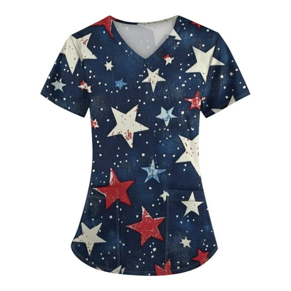 Red Shirts For Women, Scrubs Tops 4Th Of July V Neck Short Sleeve Workwear With Pockets White And Royal Blue American Flag Top Medical Scrubs Maternity Pants Shirts Tank (XXL, Royal Blue) ZMTing