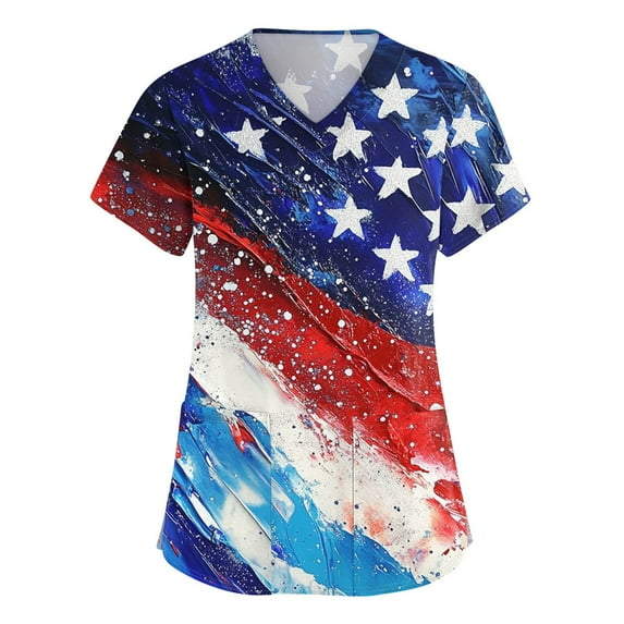 Red Shirts For Women, Scrubs Tops 4Th Of July V Neck Short Sleeve Workwear With Pockets White And Royal Blue American Flag Top Scrubs Cargo Pants Women Shirts Tops Outfits (3XL, Red) ZMTing