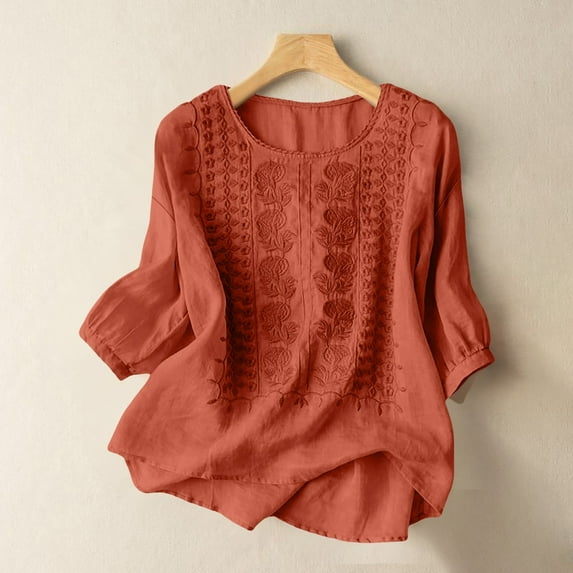 Red Shirts for Women Fashionable Casual Solid Color Pleated Cotton and Linen Tops Shirts and T Shirts