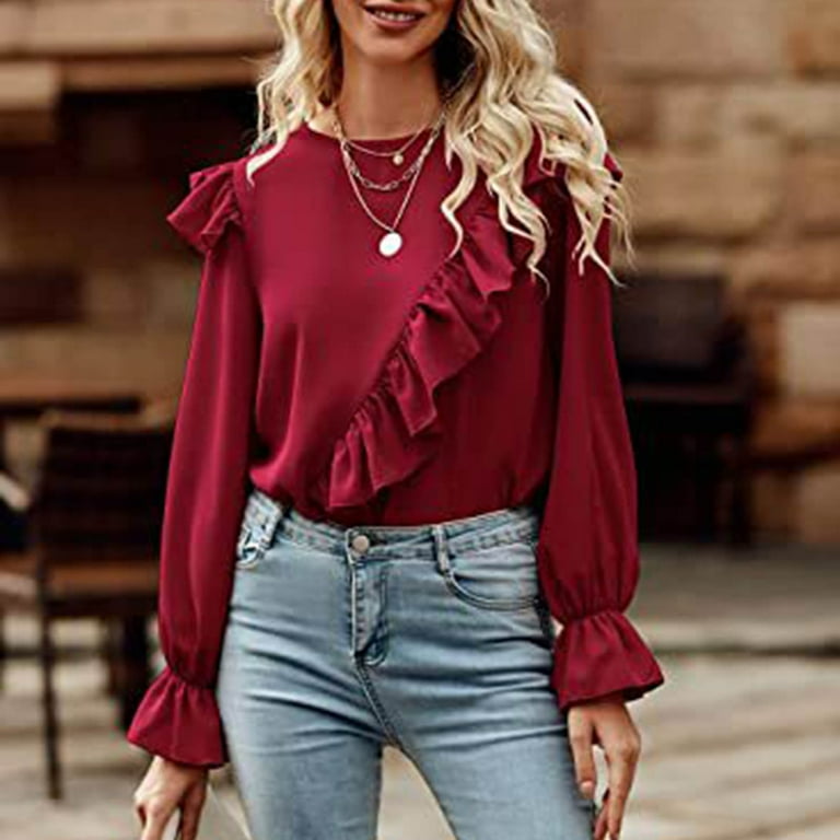 Women's Solid Creased Long-Sleeved Round-Neck Shirt