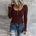 thumbnail image 1 of Red Shirts for Women Long Sleeve T Shirts Button Down Slim Fit Tops Scoop Neck Ribbed Knit Shirts Womens Tops Blouses Trendy, 1 of 6