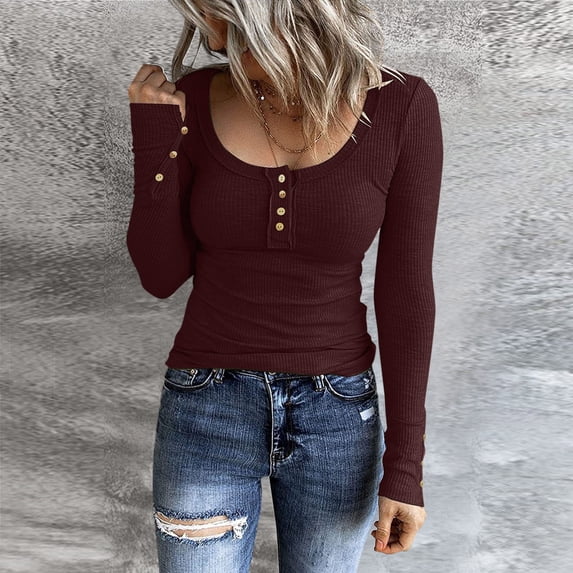 Red Shirts for Women Long Sleeve T Shirts Button Down Slim Fit Tops Scoop Neck Ribbed Knit Shirts Womens Tops Blouses Trendy