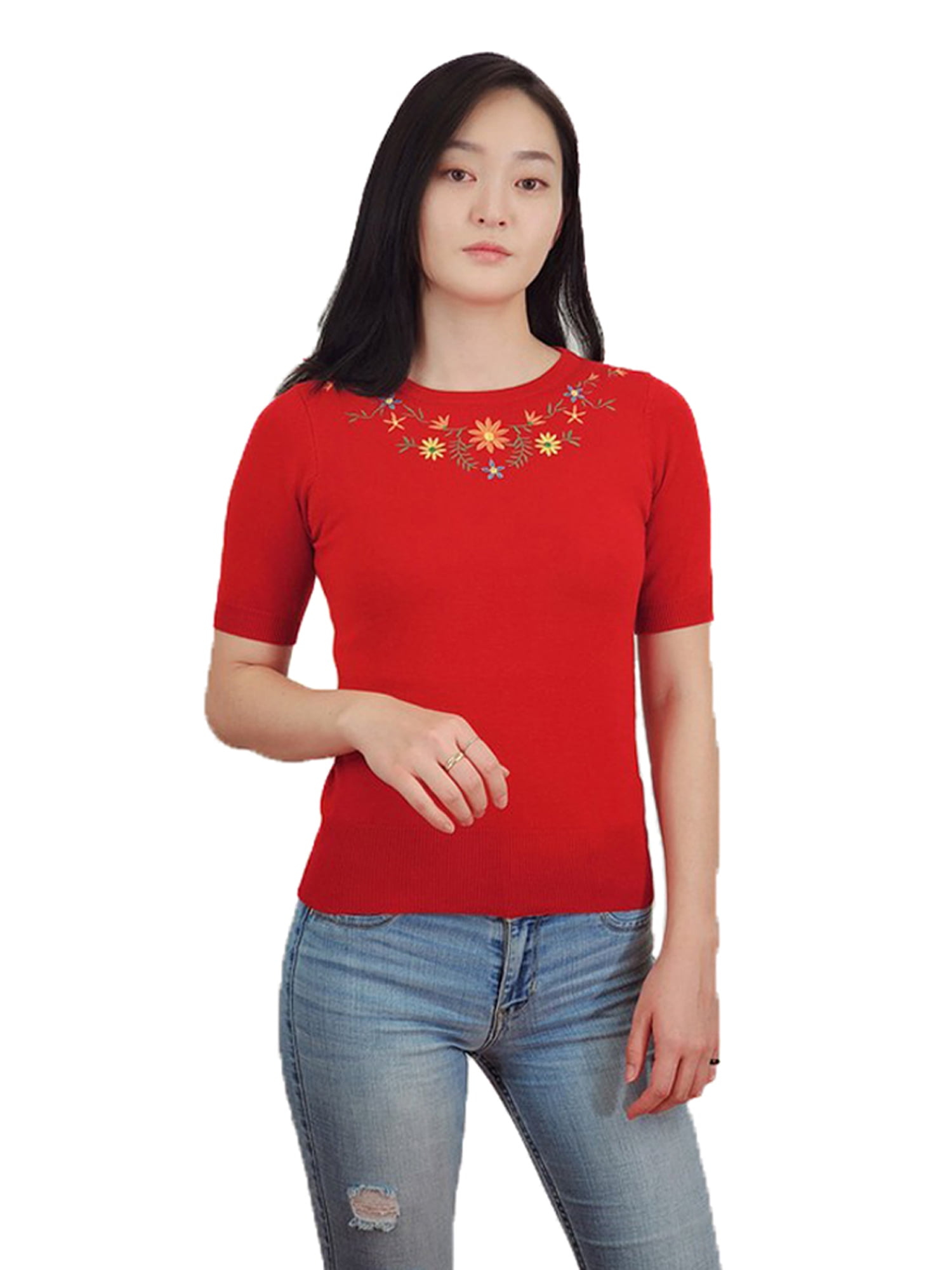 Red Short Sleeve Knit Top - with Embroidered Flowers - S to L