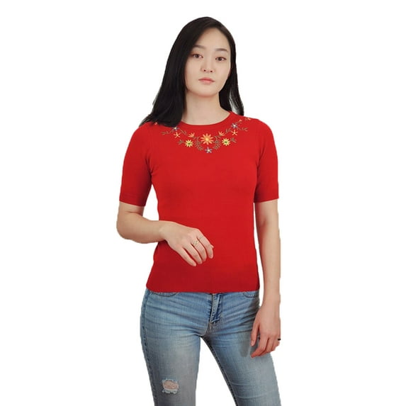 Red Short Sleeve Knit Top - with Embroidered Flowers - S to L