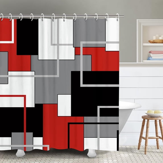 Red Shower Curtain with 12 Hooks, Mid Century Modern Shower Curtain, Geometric Shower Curtain, Waterproof Abstract Shower Curtain, Decor Art Bathing Curtain, 72Wx84H Inches