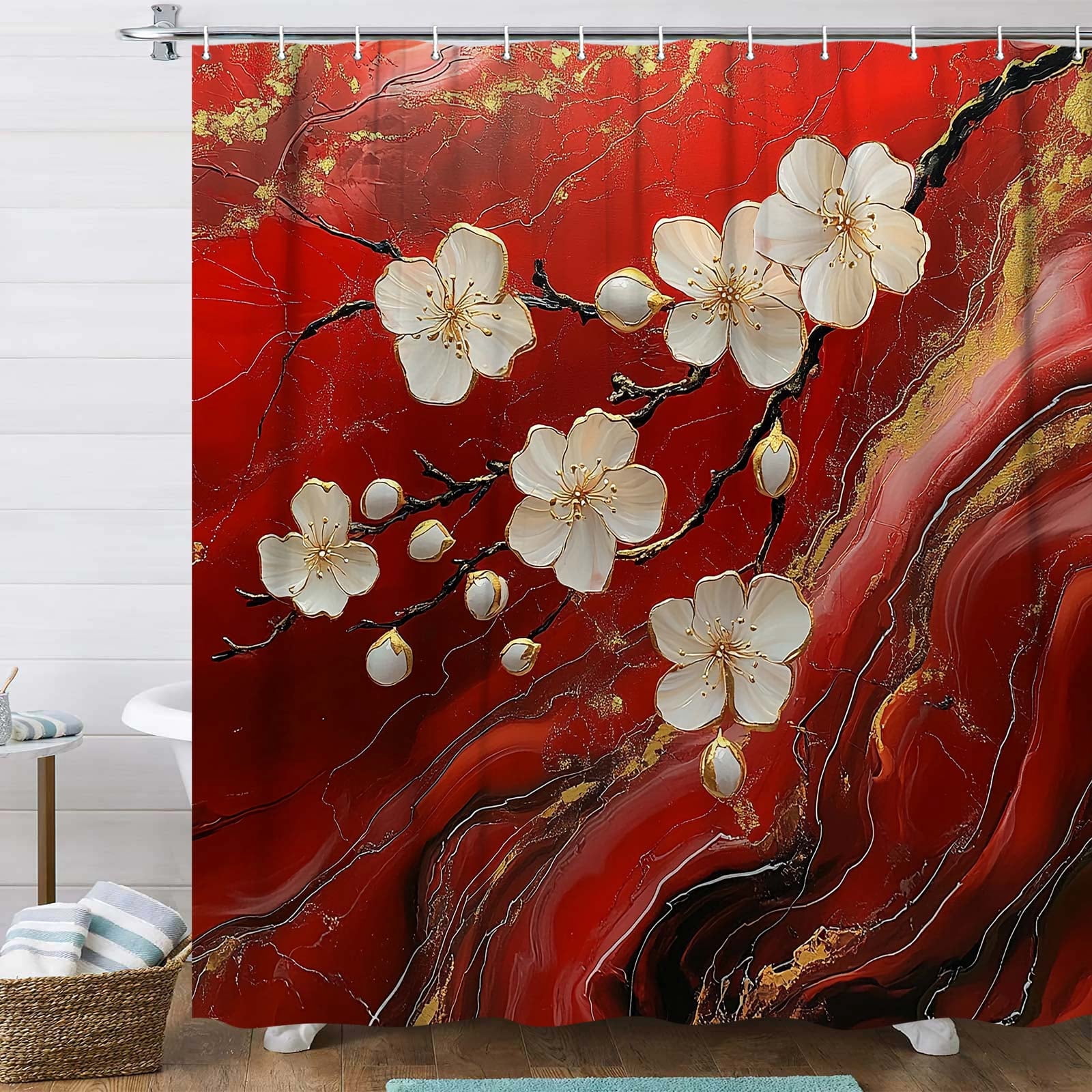 Red Shower Curtain, Abstract Red Marble 3D Floral Modern Luxury Shower Curtain Set for Bathroom, Waterproof Fabric Marble Bath Curtains with Hooks,72X72IN