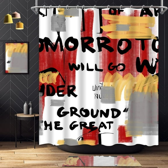 Red Shower Curtain Abstract Yellow Gray Brush Strokes Bath Curtain Colorful Art Painting Fabric Bathroom Shower Curtain