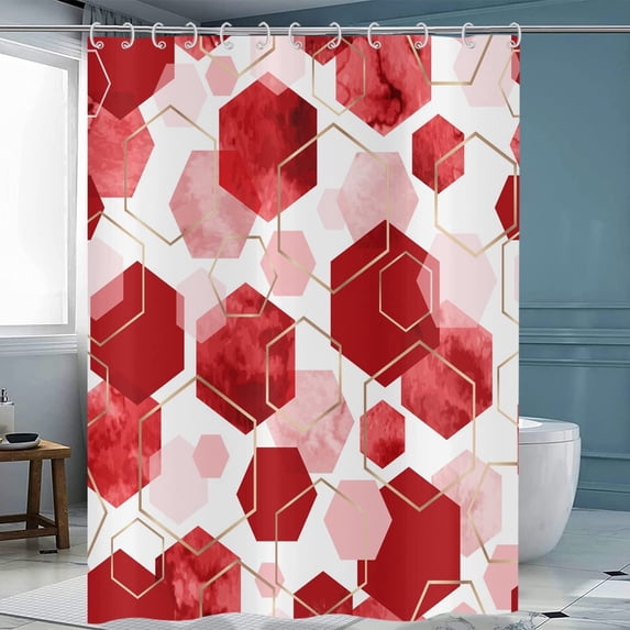 Red Shower Curtain, Red White Abstract Geometric Modern Grid Pattern Minimalist Bath Curtains Waterproof Fabric with Hooks for Home Decor, 72Wx72H
