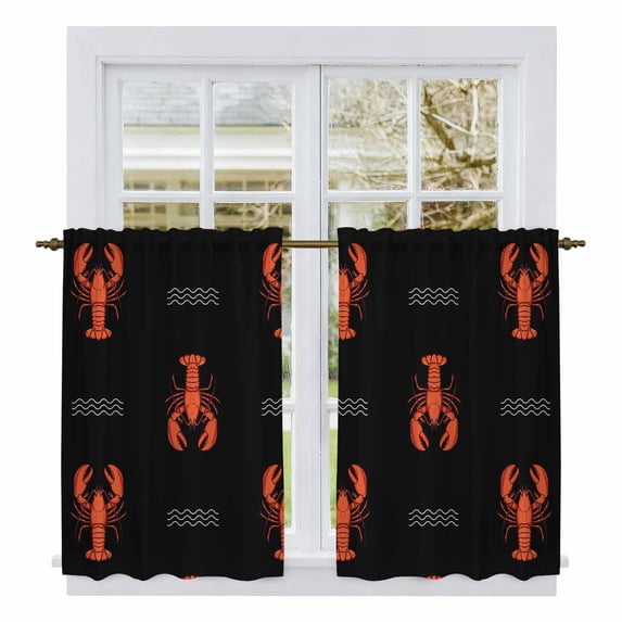 Red Shrimp Kitchen Curtain for Berdoom Living Room Cafe 45 Inch Length, Black Modern Art Coastal Nautical Tiers Curtains Light Filtering Drapes Rod Pocket Window Treatment 2 Panels 52"Wx45"L