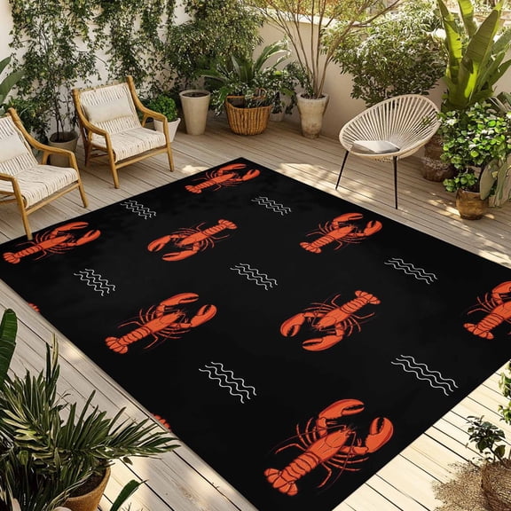 Red Shrimp Outdoor Rug for Patio/Deck/Porch, Non-Slip Large Area Rug 6 x 9 Ft, Black Modern Art Coastal Nautical Indoor Outdoor Rugs Washable Area Rugs, Reversible Camping Rug Carpet Runner