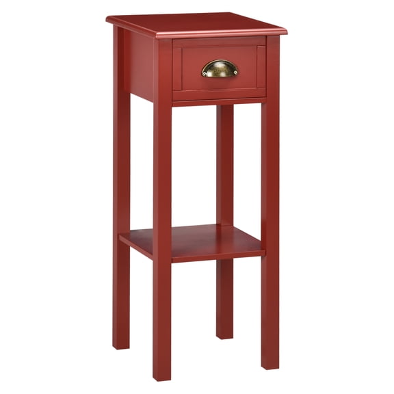 Red Side Table with Drawer & Shelf, 2-Tier End Table for Living Room - Small Narrow Sofa Table