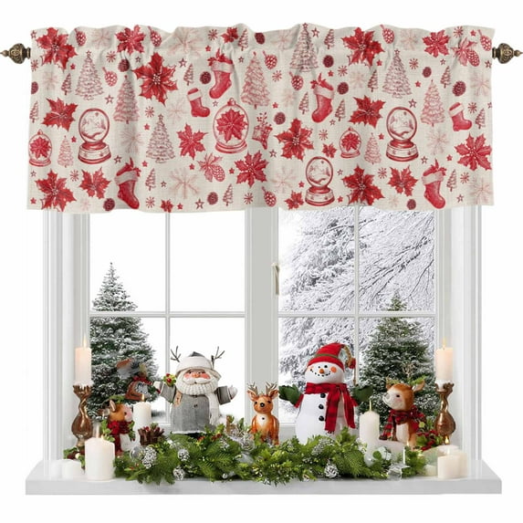 Red Silhouette Valances for Windows, 54 x 18in, Christmas Stocking Crystal Balls Candy Snowman Pattern Rod Pocket Kitchen Valance Curtain Light Filtering Window Treatments for Living Room Bedroom