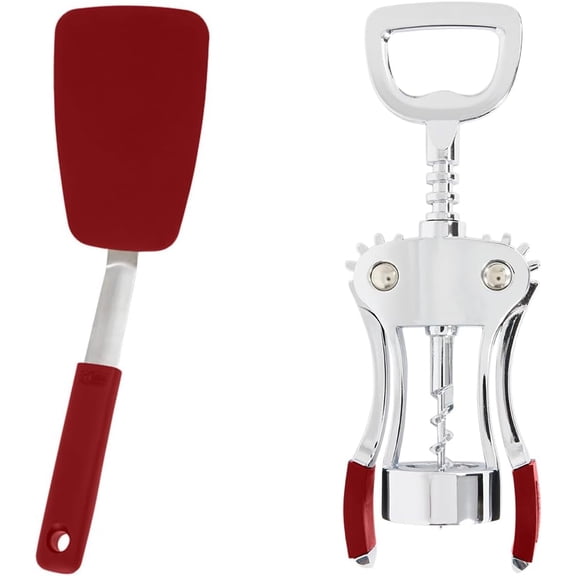 Red Silicone Spatula Turner & Wine Corkscrew, High Heat Resistant 600F BPA-Free Scraper for Nonstick Pans, Dishwasher Safe Combo Pack for Home Kitchen and Bar