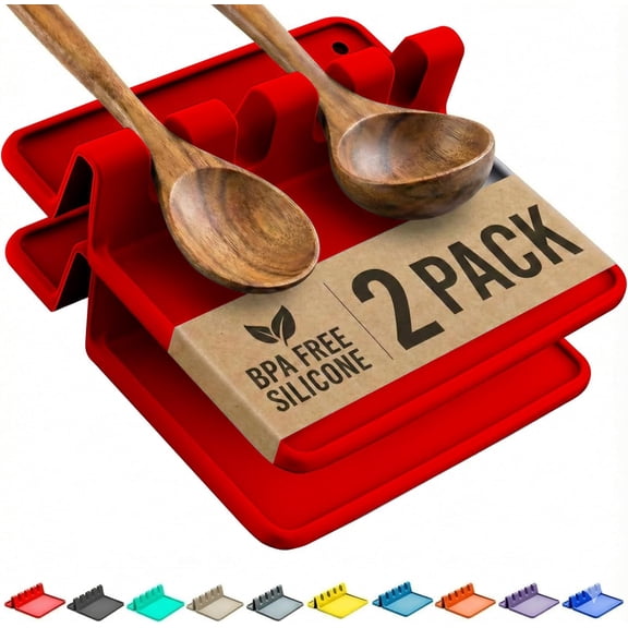 Red Silicone Spoon Rest for Kitchen Counter with Drip Pad - Heat-Resistant, BPA-Free Utensil Rest & Spoon Holder for Kitchen Counter - Grill Utensil Holder for Spatulas, Tongs, Ladles