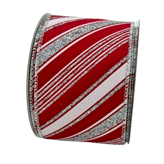 Red Silver Christmas Wired Ribbon - 2 1/2" x 10 Yards, Glitter Stripes, Polyester, Valentine's Day, Garland, Gifts, Wreaths, Bows