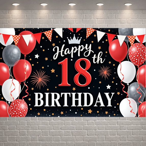 Red Silver Theme 18th Birthday Banner Colorful Balloons Display Gold Stars Firework Design Birthday Party Backdrop for 18th Birthday Party Teen Celebration Photo Backdrop