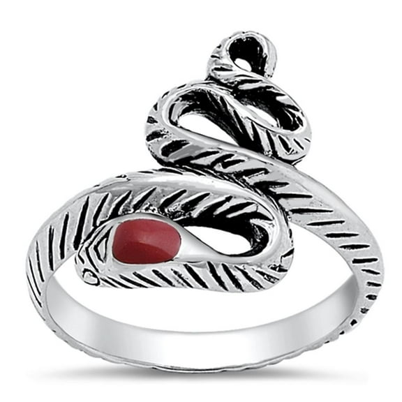 Red Simulated Agate Oxidized Snake Ring .925 Sterling Silver Band CZ Jewelry Female Size 7