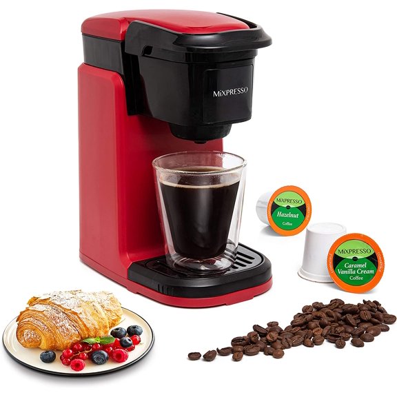 Red Single Serve Coffee Maker for K Capsule, Compact Mini Coffee Maker 800 Watt Coffee Machine for Pods or Ground, Fast Brew, Auto Shut Off, 12 Oz Brew Size for Travel, Office, RV and Dorm