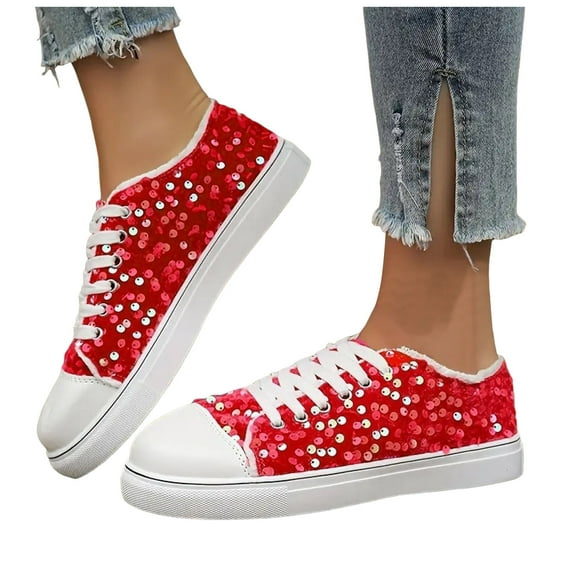 Women's Glitter Sequins Sparkly Lightweight Lace Up Canvas Shoes Low Top Platform Slip On Sneakers Non Slip Casual Walking Shoes Red Size 6.5