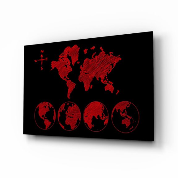 Red Sketch World Map and Globes Glass Wall Art