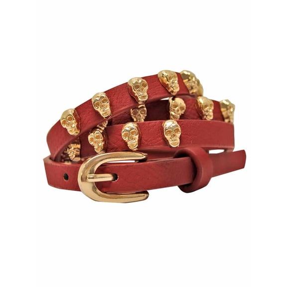 Red Skinny Golden Skull Studded Belt