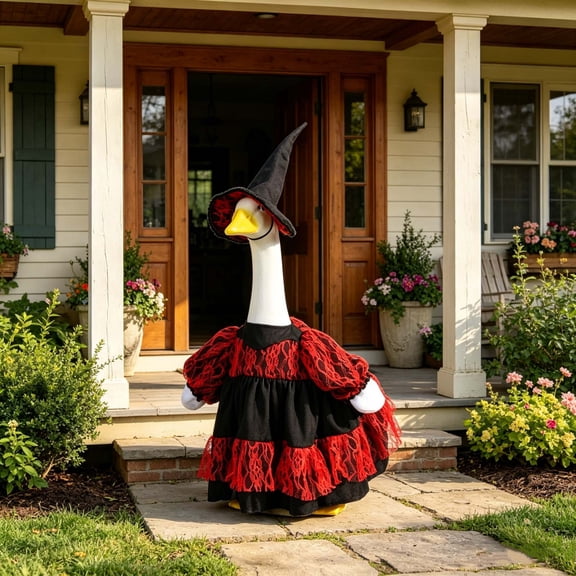 Red Skirt And Hat Two-Piece Dress-Up Set For Porch Goose Figure, Vibrant Garden Lawn Outdoor Display Decor For Holiday Party And Everyday Accent