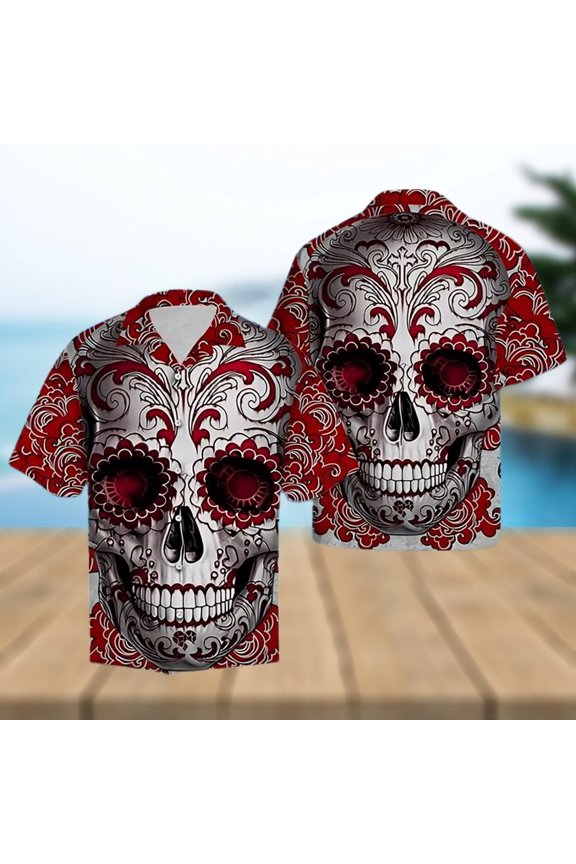 Red Skull Floral Tropical Hawaiian Shirt