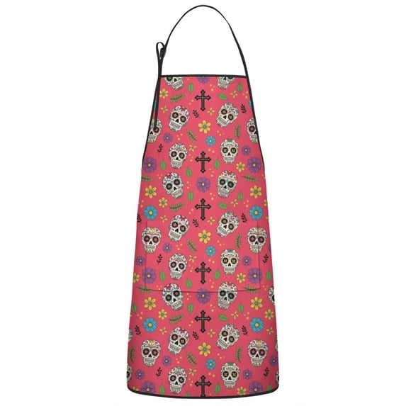Red Skull Flower Cross Pattern Apron-Garden Aprons for Women with Pockets-Cotton Linen Waterproof Kitchen Cooking Gardening Aprons Adjustable for Kitchen,Cooking,BBQ and Salon 33x27 Inch