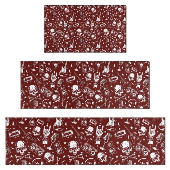 Red Skull Guitar Music Pattern Kitchen Rugs Sets Of 3,Kitchen Runner Rugs Non Skid Washable,Decorative Kitchen Floor Mats for Kitchen,Sink,Laundry,17"x30"+ 17"x47" + 17"x59"