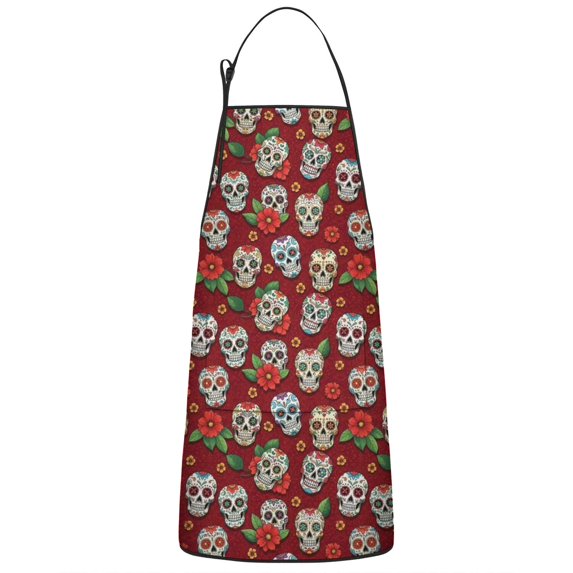 Red Skull Rose Pattern Apron-Garden Aprons for Women with Pockets-Cotton Linen Waterproof Kitchen Cooking Gardening Aprons Adjustable for Kitchen,Cooking,BBQ and Salon 33x27 Inch