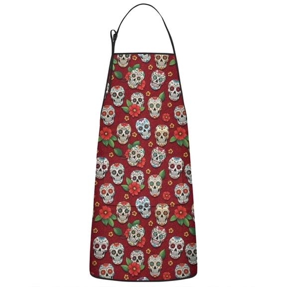Red Skull Rose Pattern Apron-Garden Aprons for Women with Pockets-Cotton Linen Waterproof Kitchen Cooking Gardening Aprons Adjustable for Kitchen,Cooking,BBQ and Salon 33x27 Inch
