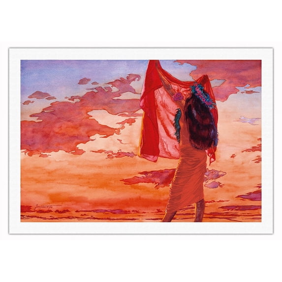 Red Sky (Ka Lani Mākole) - Hawaiian Sunset - From an Original Watercolor Painting by Janet Stewart - Fine Art Rolled Canvas Print 27in x 40in