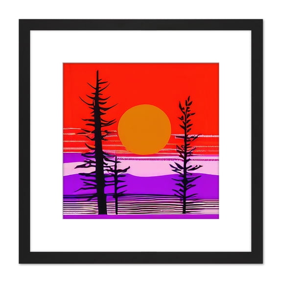 Red Sky Sunset By Lake With Tree Outlines Colourful Landscape Modern Orange Red Purple Stencil Square Wooden Framed Wall Art Print Picture 8X8 Inch