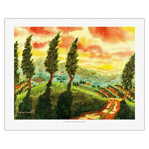 Red Sky over Tuscany Italy - Italian Vineyards Cypress Trees - From an Original Watercolor Painting by Robin Wethe Altman - Fine Art Rolled Canvas Print 20in x 26in