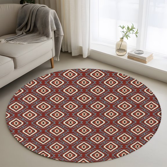 Red Slate Diamonds 3FT Round Area Rugs for Living Room Abstract Vintage Minimalist Geometric Grid Ultra-Thin Non-Slip Round Rugs Machine Washable Low Pile Circle Carpet for Bedroom Kitchen Nursery