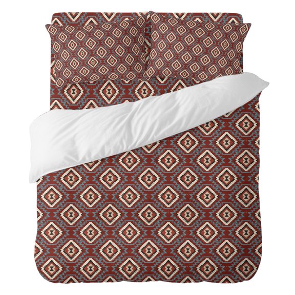 Red Slate Diamonds Bedding Duvet Cover Set California King Size 4 Pieces, Abstract Vintage Minimalist Geometric Grid Bedding Set, 1 Comforter Cover 96x104 Inches 1 Flat Sheet & 2 Pillow Cases