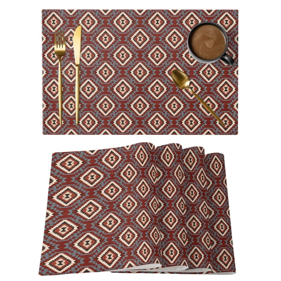 Red Slate Diamonds Cotton Linen Placemats Set of 1, Abstract Vintage Minimalist Geometric Grid Washable Table Place Mats Heat Insulating Placemat for Dining Room Kitchen Daily Use 13 x 19 Inch