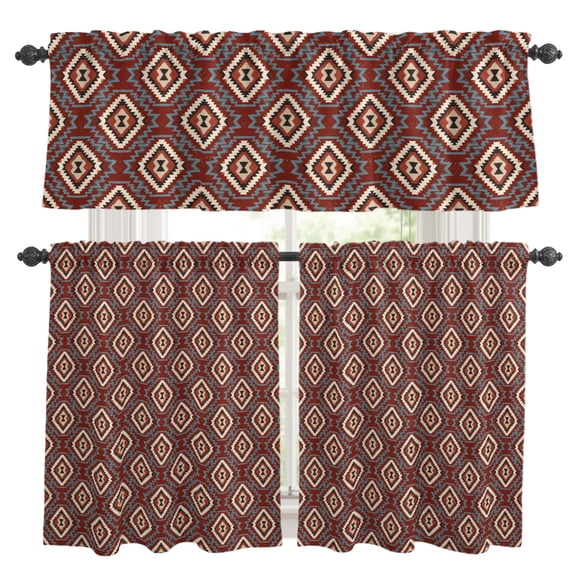 Red Slate Diamonds Kitchen Curtains Valances 3 Piece Set, Abstract Vintage Minimalist Geometric Grid Rod Pocket Tier Curtain and Valance Drapes for Small Window 36 Inch Length for Bedroom Cafe
