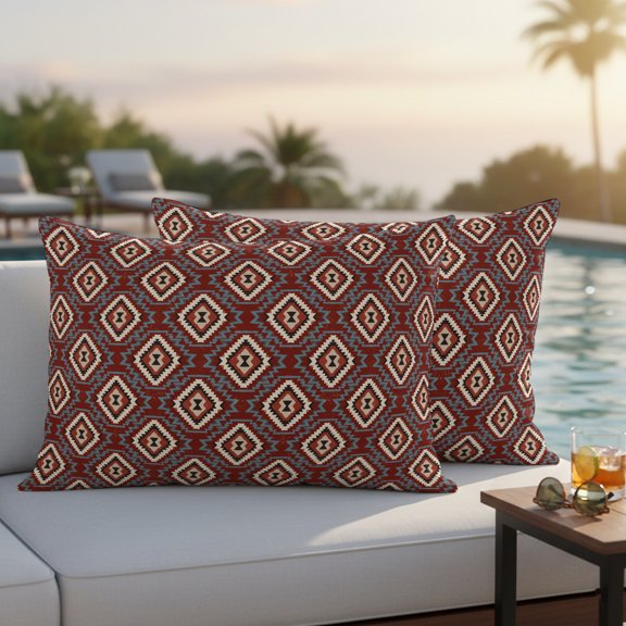Red Slate Diamonds Outdoor Waterproof Throw Pillow Covers Set of 2, 20"x12", Abstract Vintage Minimalist Geometric Grid Decorative Pillow Covers Outside Cushion Case for Patio Porch Garden