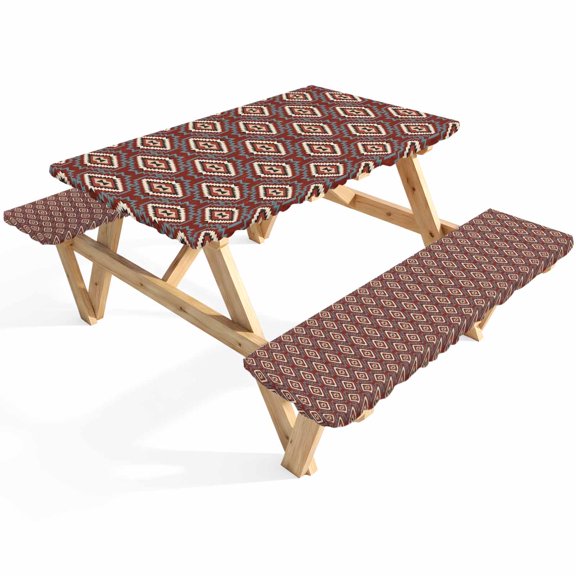 Red Slate Diamonds Picnic Table Cover with Bench Covers Abstract Vintage Minimalist Geometric Grid Waterproof Fitted Picnic Tablecloth 3 Pieces Set Table Cloth for Outdoor Camping Garden BBQ