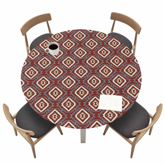 Red Slate Diamonds Round Fitted Table Cover Abstract Vintage Minimalist Geometric Grid Waterproof Table Cloth with Elastic Edge Wipeable Tablecloth for Picnic Camping Party Fits 36"-44" Tables