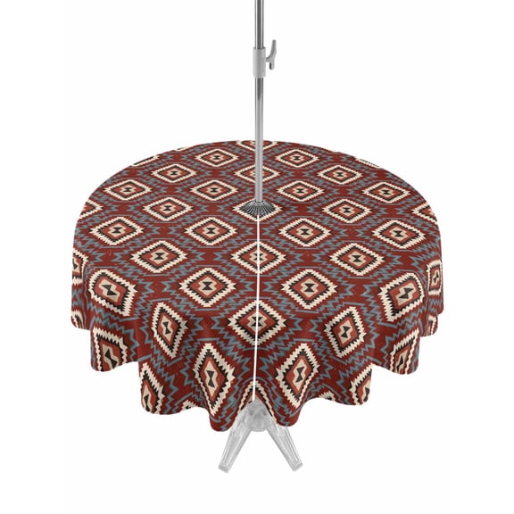 Red Slate Diamonds Round Outdoor Tablecloth with Umbrella Hole Abstract Vintage Minimalist Geometric Grid 54 Inch Round Waterproof Table Cover Zippered Table Cloth for Garden Patio