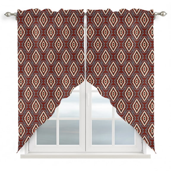 Red Slate Diamonds Swag Curtain Valance for Window 2 Panels Abstract Vintage Minimalist Geometric Grid Rod Pocket Small Window Swag Valances for Kitchen Bedroom Bathroom 28" W x 36" L