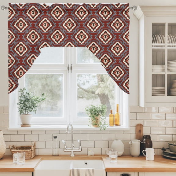 Red Slate Diamonds Swag Curtain Valance for Windows, Abstract Vintage Minimalist Geometric Grid Swag Curtains Drapes Rod Pocket for Kitchen Bathroom Small Window, 1 Panel 56x36in