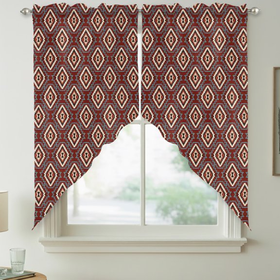 Red Slate Diamonds Swag Kitchen Curtain Valances, Abstract Vintage Minimalist Geometric Grid Rod Pocket Curtains Window Treatment Decor Valances for Bedroom Bathroom, 2 Panels 28 x 36 Inch